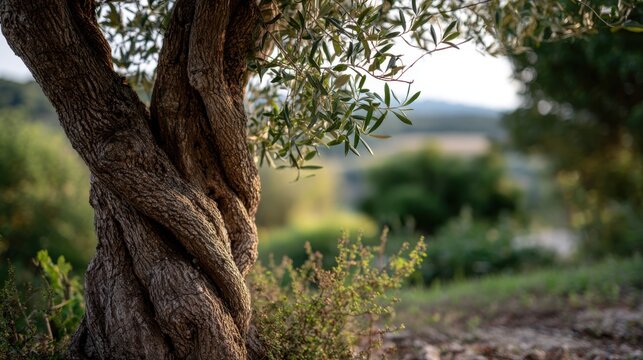 Olive tree with twisted trunk and lush green foliage in a natural landscape, blurred background of hills and vegetation under soft sunlight