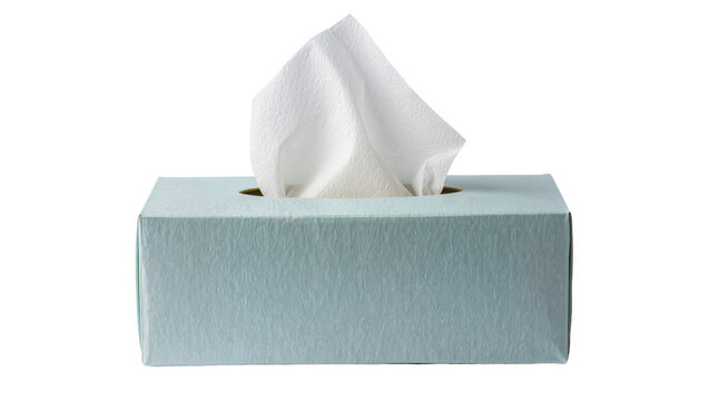 Light blue tissue box with white tissues, isolated on transparent background