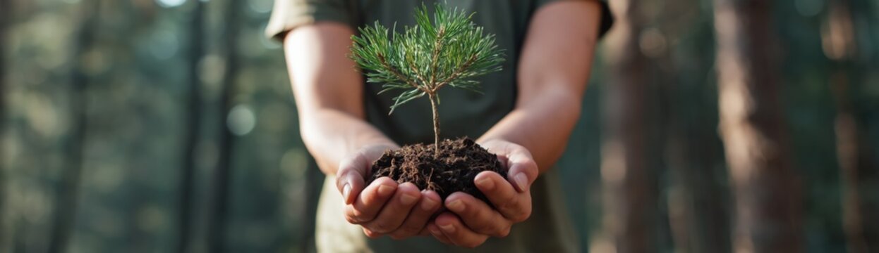 Person holding small pine seedling with soil in forest