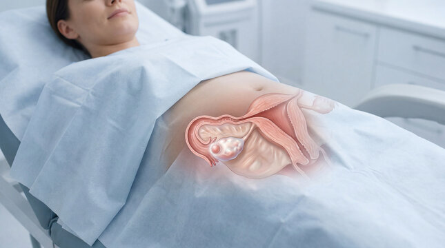 Quiet contemplation of a woman on a medical examination table her internal anatomy gracefully illustrated showing an ovarian condition
