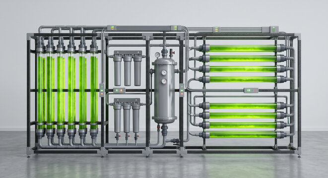 Bioreactor system with glowing green algae cultivation for sustainable biotechnology production.