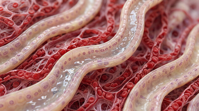 Microscopic journey through winding kidney structures where essential fluids are processed surrounded by countless red blood cells