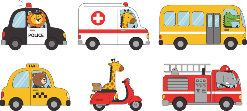 Cartoon Animals in Vehicles Vector Illustration Set Featuring Police Car, Ambulance, Taxi, Fire Truck, Bus, and Scooter for Kids Transportation and Fun Design.