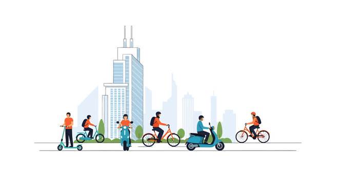 People riding various eco-friendly urban transport: electric scooters, bicycles, and motorbikes in a modern city. Sustainable personal mobility for daily life.