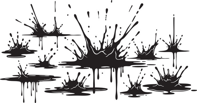 Black ink splatter explosion with dynamic liquid droplets