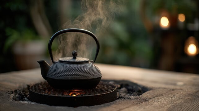 Black cast iron teapot with steam rising, placed on a grill over an open flame, surrounded by greenery and soft glowing lights in a cozy outdoor setting