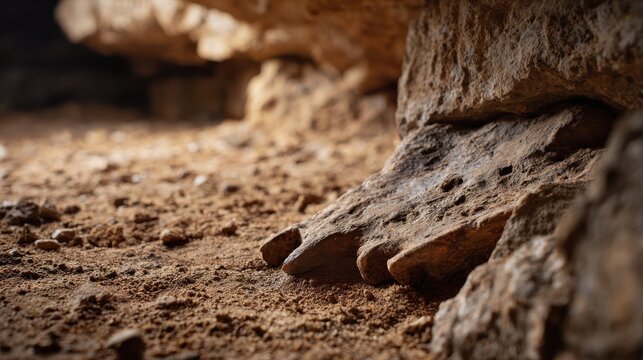 Close-up view of ancient dinosaur fossilized bones partially embedded in rocky ground inside a cave, showcasing the texture and geological features of the surrounding area