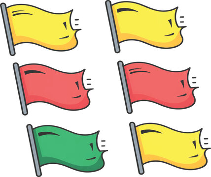 Set of cute cartoons blowing pennant flags in yellow, red and green colors flat art vector illustration.