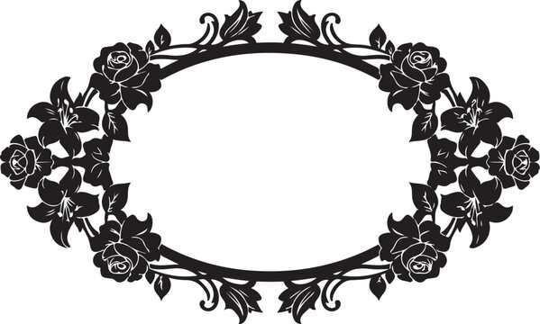 Black floral oval frame, vintage rose border, decorative leaf design, empty illustration