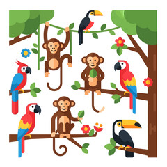 Fototapeta premium Jungle Scene with Monkeys, Parrots and Toucans on Branches, Flat Design