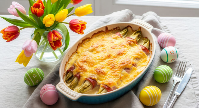 Chicon au gratin with cheese and chicory rolls in ceramic dish, Easter brunch table setting and spring celebration