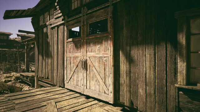 Sunlit timber doorway at Namib outpost glowing with warm gold light, worn veranda boards and creaking hinges, long soft shadows and gentle erosion marks, subtle