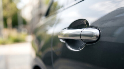Fototapeta premium Close-up view of a shiny car door handle on a vehicle parked outdoors
