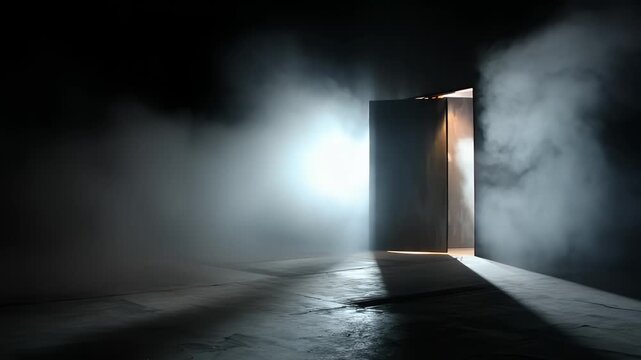 Mysterious monolith glowing in dark foggy space stands upright on concrete platform as thick smoke swirls around structure creating cinematic atmosphere with dramatic lighting and shadows.