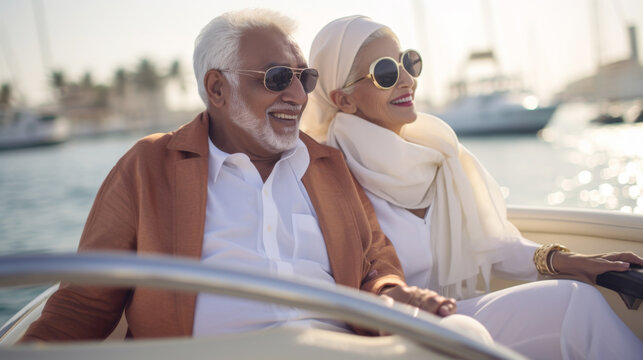 Arabian couple smiling on boat with ocean backdrop, perfect for travel themes