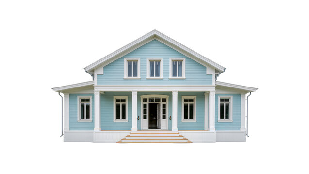 Light blue clapboard house with white trim and columns, isolated on transparent background