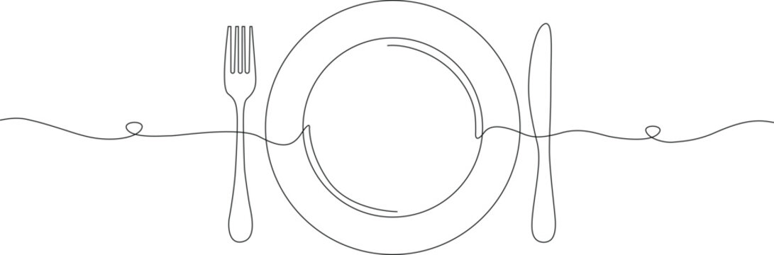 Continuous line drawing of plate, fork and knife. Simple outline editable stroke. Simple contour ar.t Hand made doodle vector illustration