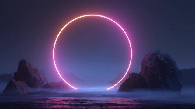 Abstract neon ring glows over rocky landscape at night with mystical fog drifting across water surface creating cinematic atmosphere in digital 3d motion graphics environment for video background.