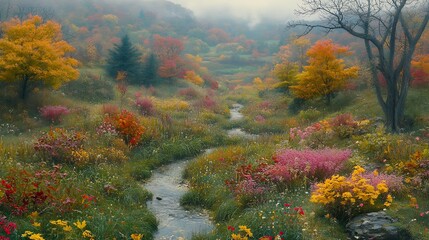 Obraz premium Misty Autumn Creek Scene Vivid Foliage with Serene Meadow, Colorful Trees, and Natures Beauty.