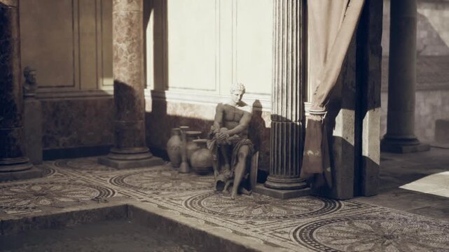 Gloomy Alexandrian courtyard around sunken pool, cracked mosaic tiles, solitary statue by radiator, worn rugs, heavy drapes filtering muted light, peeling