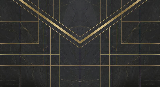 Dark black marble background, featuring symmetrical gold, geometric lines in, an deco style pattern