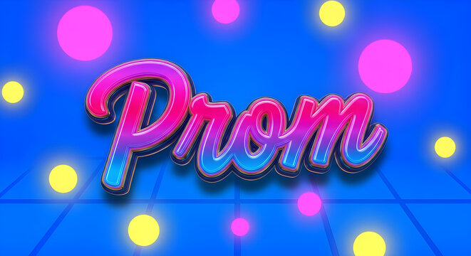 Pixelated prom text with colorful dots on blue background