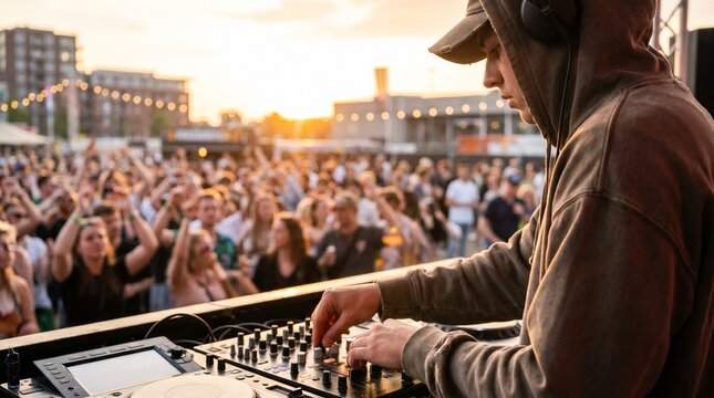 Male DJ wearing a hoodie mixes music at an outdoor festival during sunset, with a large crowd of people dancing and enjoying the performance in the background