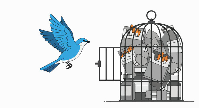 Illustration of a blue bird flying out of an open birdcage with papers and money inside on a white background.