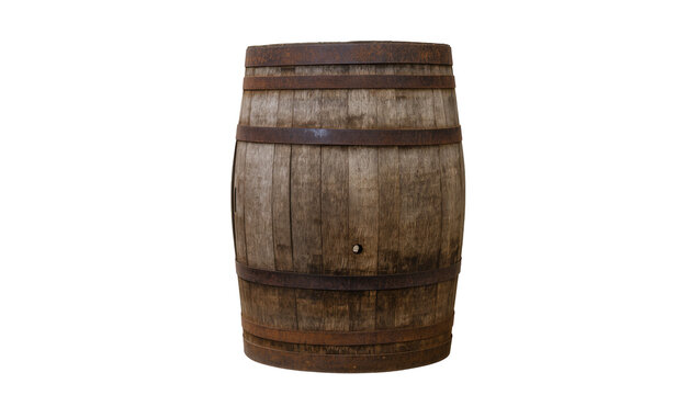Weathered wooden barrel with rusty metal bands, isolated on transparent background