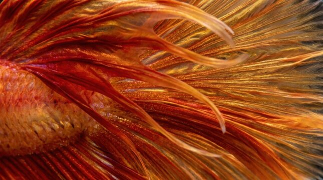 Extreme close up of a vibrant betta fish with flowing red and gold fins