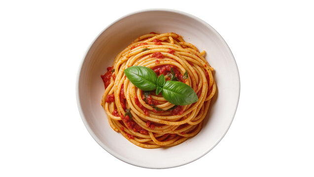 Bucatini pasta with tomato sauce and fresh basil leaves, isolated on transparent background