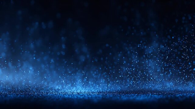 Blue glitter particles moving in slow motion dark background cinematic abstract motion graphic design element digital surface flow glowing bokeh effect light bokeh luxury texture aesthetic backdrop.