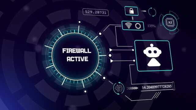 Futuristic digital shield interface showcasing active firewall protection for secure cloud servers and data privacy, hud animation