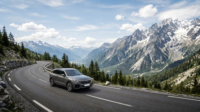A silver car drives on a winding mountain road with snow-capped mountains and trees.