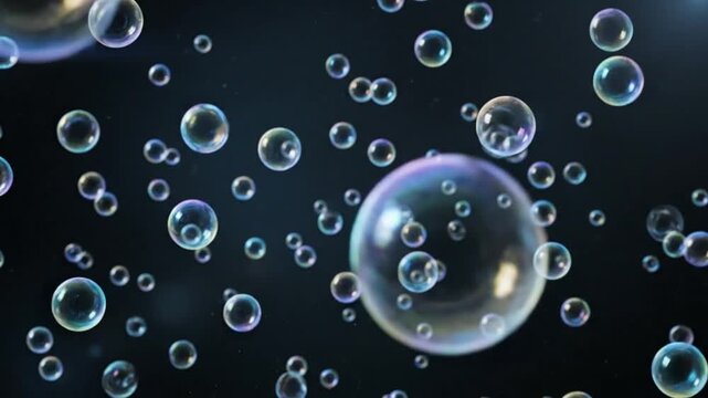 Mesmerizing floating bubbles against a dark background, a captivating spectacle of iridescent shapes and colors