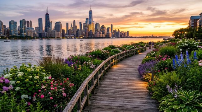 Chicago skyline and park boardwalk at sunset, summer beauty scenic landscape
