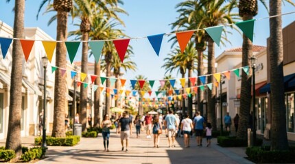 Obraz premium Colorful pennant flags strung above a pedestrian walkway lined with palm trees and shops