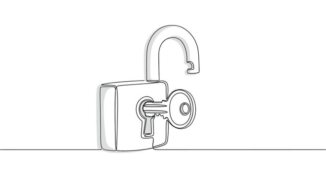Hand-drawn open padlock with a key symbolizing security access freedom solution, line art