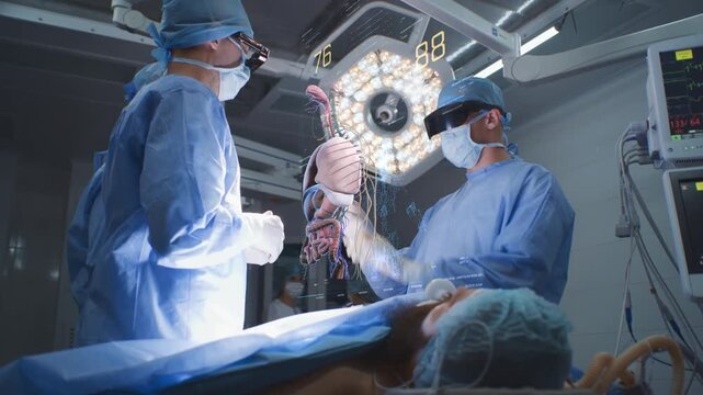 Doctor analysis human body health status interacting with virtual interface. Animation of digital liver appearance. Future medicine & advance technology operation