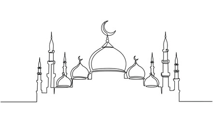 Continuous line art drawing of a mosque with domes minarets crescent moon symbol religion © Line Galaxy