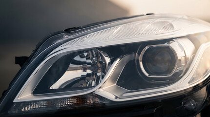 Fototapeta premium Close-up view of a car headlight showing detailed lens and light reflection on shiny surface