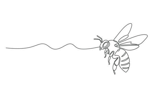 Continuous line art drawing of a flying honey bee with a wavy flight path single line honeybee