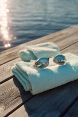 Fototapeta premium Goggles for swimming placed on folded towel on wooden pier by water. Preparation for summer workout in lake. Sports accessory for swimmer lifestyle and aquatic activity concept.