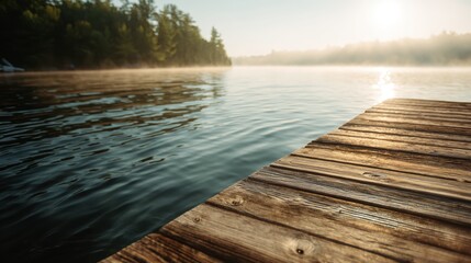Fototapeta premium Wooden pier on calm lake at sunrise. Morning mist over water with forest in distance. Peaceful scenery of nature landscape with sun glowing over horizon during early summer day.