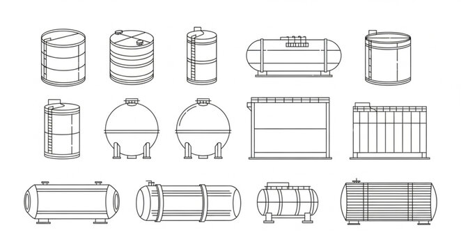 Collection of Industrial Storage Tanks and Containers Vector Illustrations.