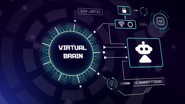 Digital virtual brain visualization with robotic icon for advanced artificial intelligence and neural network research, hud animation