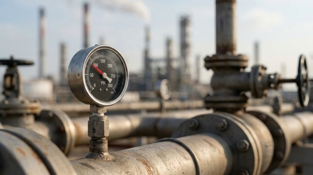 Close up of a pressure gauge on industrial pipes with a refinery in the background