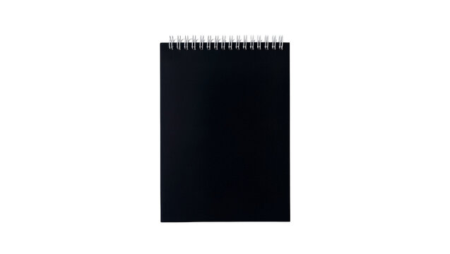 Black spiral-bound notebook with silver metal rings, isolated on transparent background