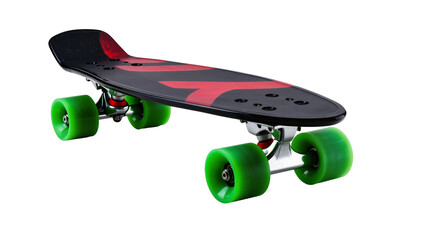 Black skateboard with red accents and green wheels, isolated on transparent background © Sorin
