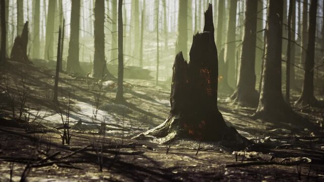 Misty pine forest with broken stump, soft sunlight slicing through trunks, elongated shadows across damp leaf litter, subtle frost on moss, quiet atmosphere
